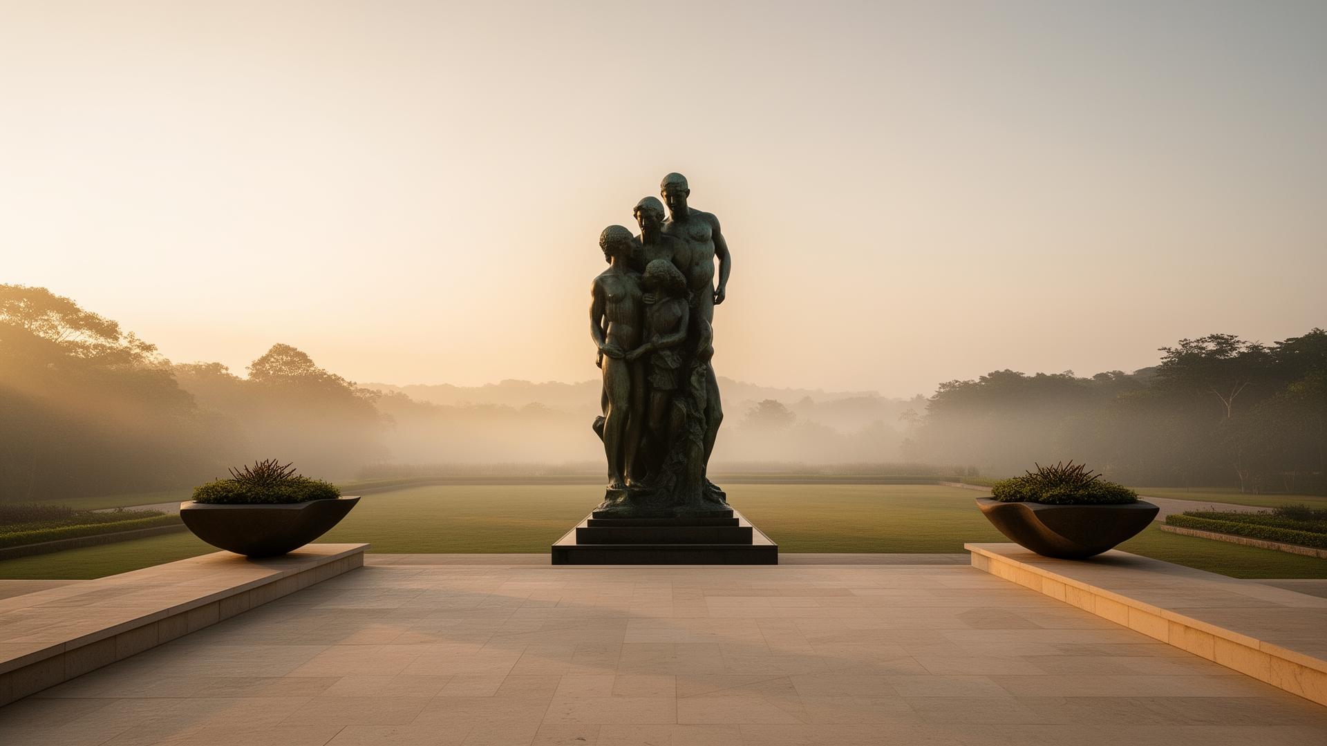 A bronze figurative sculpture stands at dawn on a stone terrace overlooking a misted landscape.